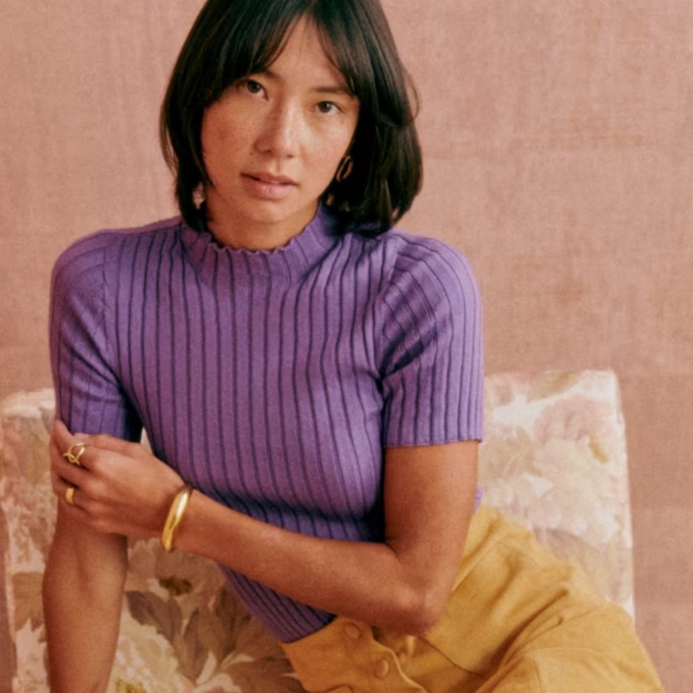 Sezane purple ribbed Edwin mock neck sweater